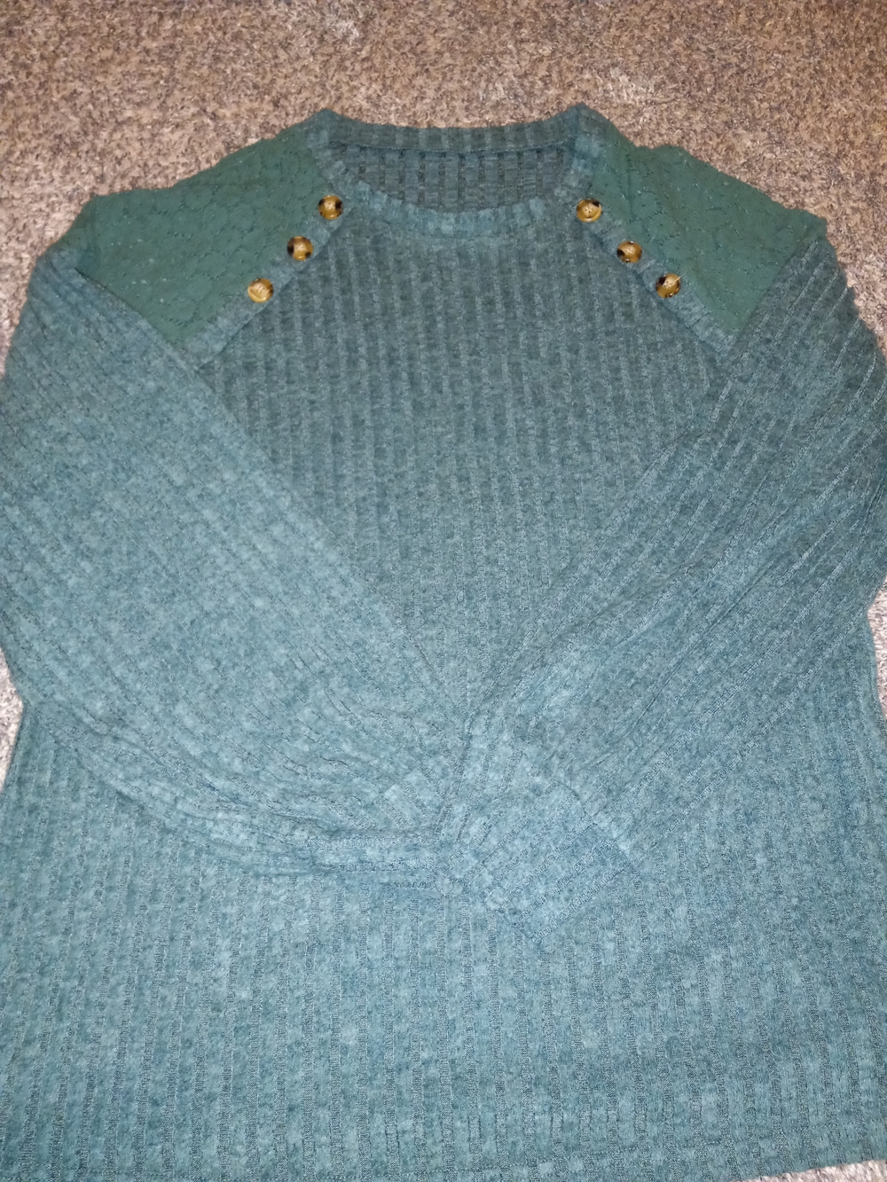 Ribbed V-Neck Button-Shoulder Sweater in Teal Green
